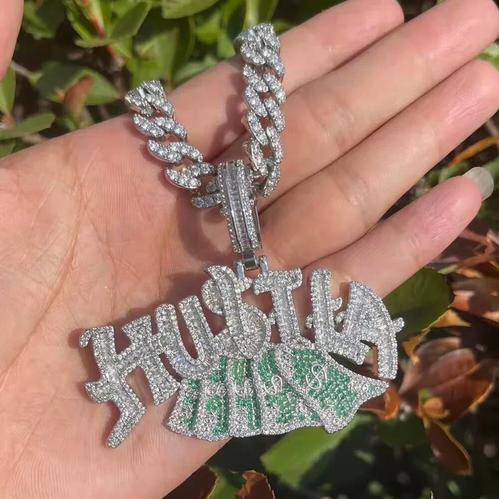 iced out “Hustla” money bag pendant with a matching 9mm Cuban link chain 20inch
